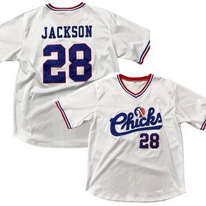 Chicks Baseball Jersey Jackson 28 White V-Neck Retro Athletic Shirt Large